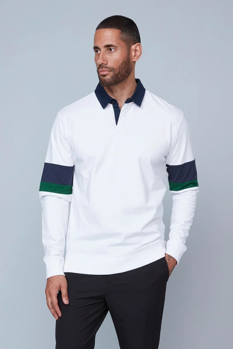 HEDGE White Knit Polo with Navy Contrast/64849
